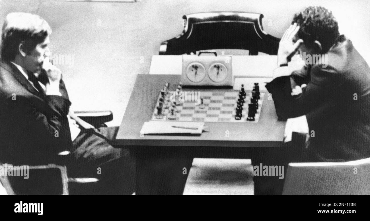 Bobby Fischer in Hilton Hotel in Amsterdam for talks with FIDE president  Max Euwe (right) on the world championship duel with Boris Spassky, January  31, 1972, chess, sports, The Netherlands, 20th century