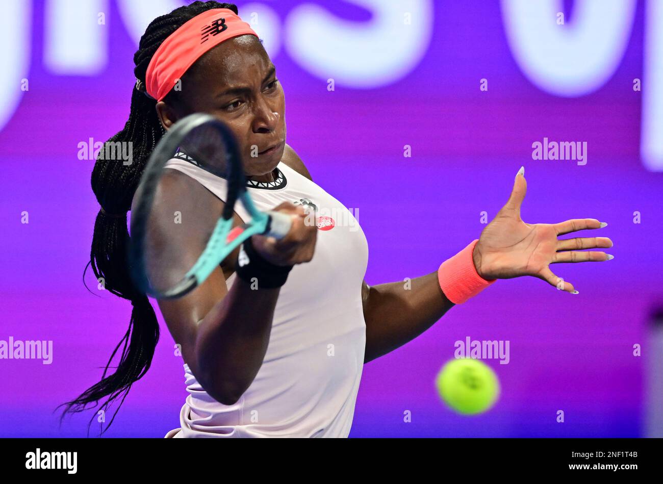 Doha, Qatar. 16th Feb, 2023. Coco Gauff of the United States hits a