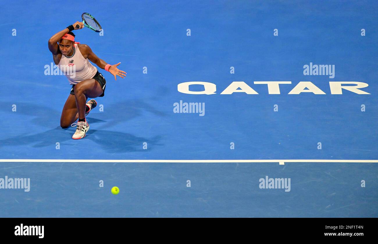 Doha, Qatar. 16th Feb, 2023. Coco Gauff of the United States hits a