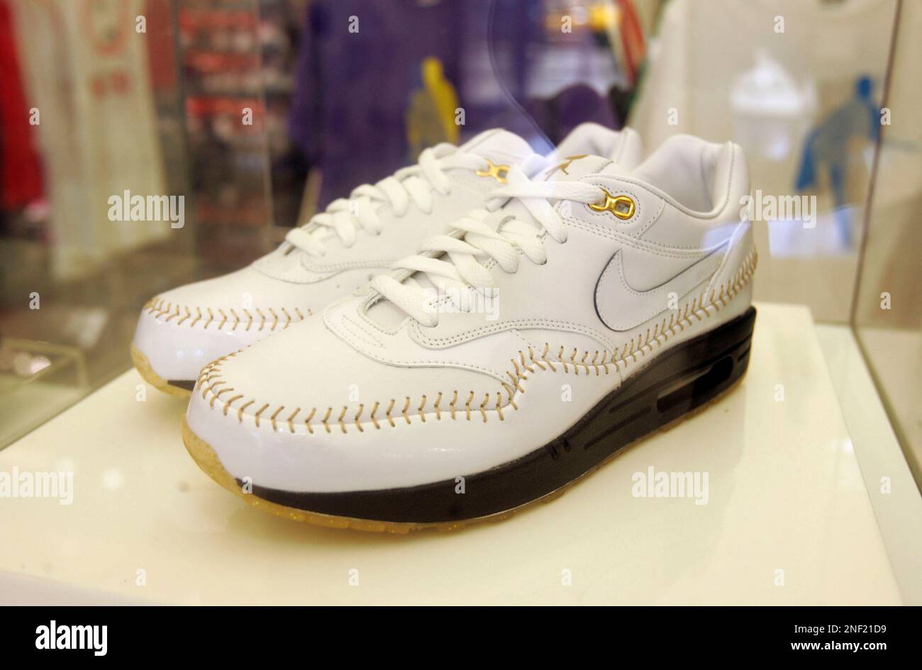 Nike's baseball inspired Air Max 1 Premium-Wang shoes are seen on display  during its debut release in Taipei, Taiwan, Friday, July 10, 2009. The  shoe, designed with Taiwanese Yankee baseball pitcher Wang