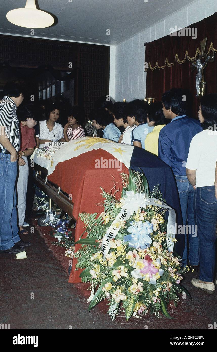 Former Senator Benigno Aquino's body lay in a casket after being shot at  the Manila International Airport, Aug. 22, 1983, Manila, Philippines.  Aquino's mother, Aurora, had demanded the body of her son,