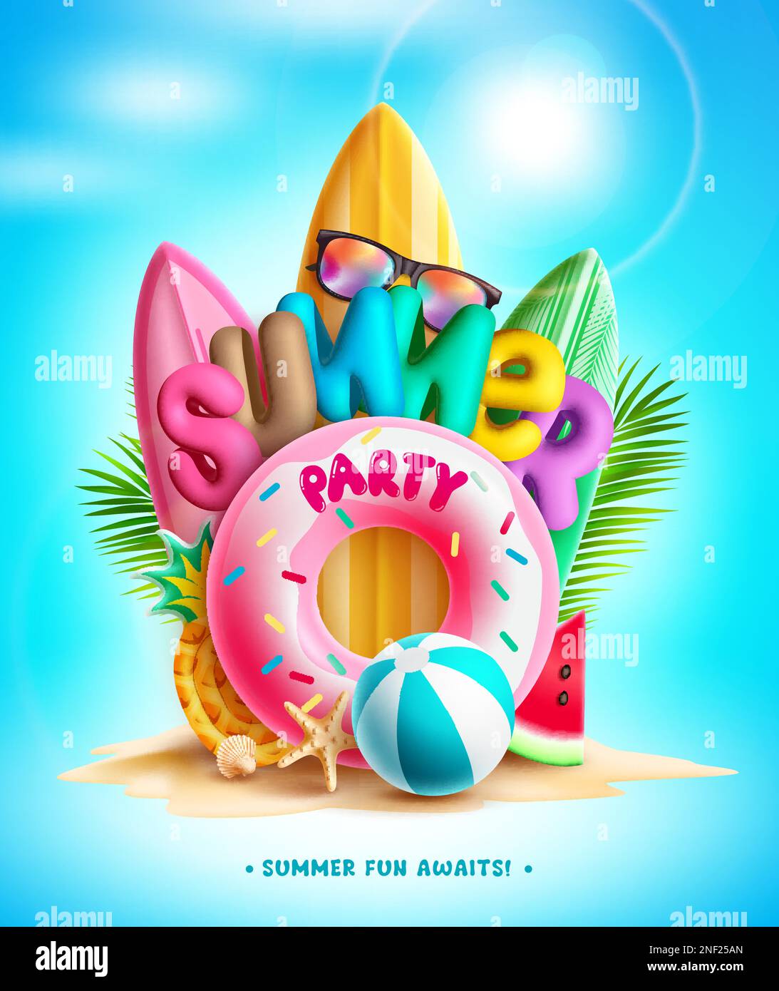 Summer party vector design. Summer party 3d text in island background