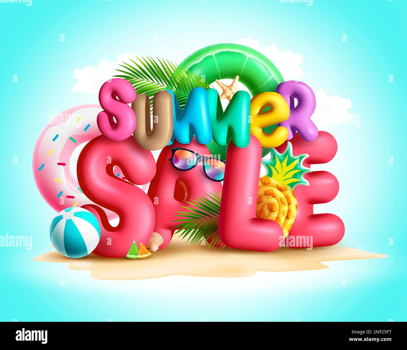 Summer sale vector design. Summer sale 3d text in island for holidays
