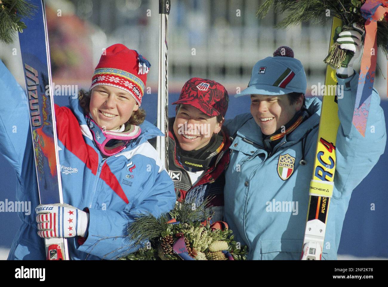 The medal winners in the women’s Super-G, from left, silver medalist ...