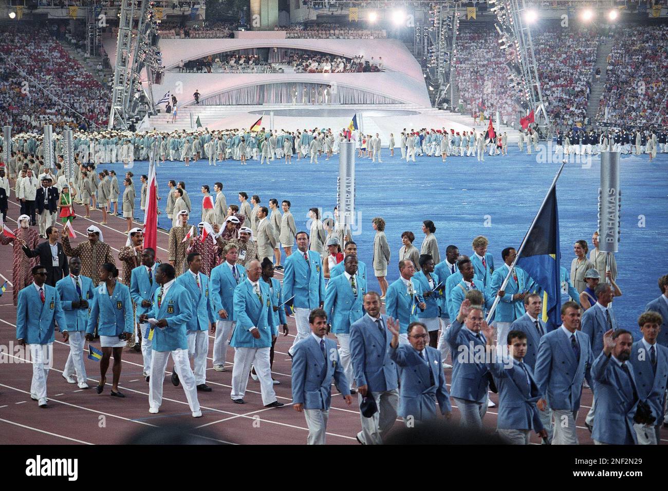 Members of Bahama's Olympic team march in the Olympic Stadium in