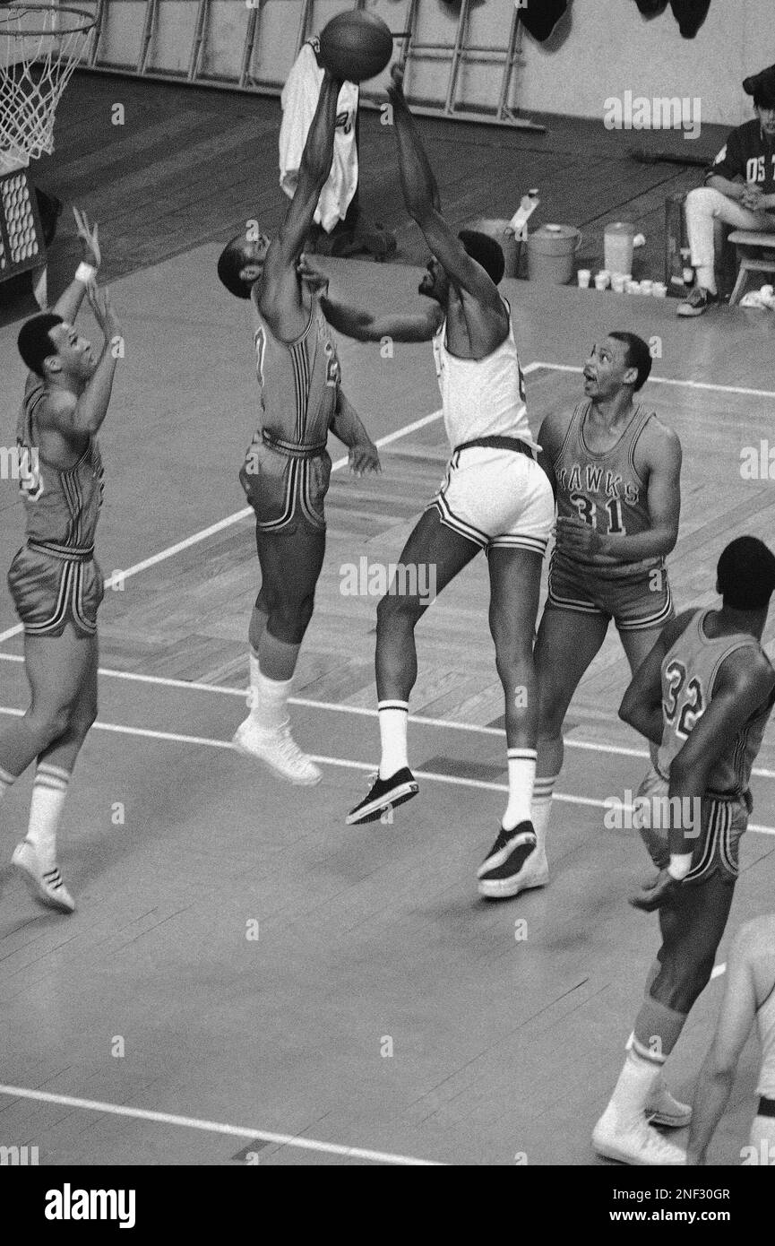 Atlanta Hawks’ Joe Caldwell (27) blocks hook shot by of the Boston Celtics in the first period