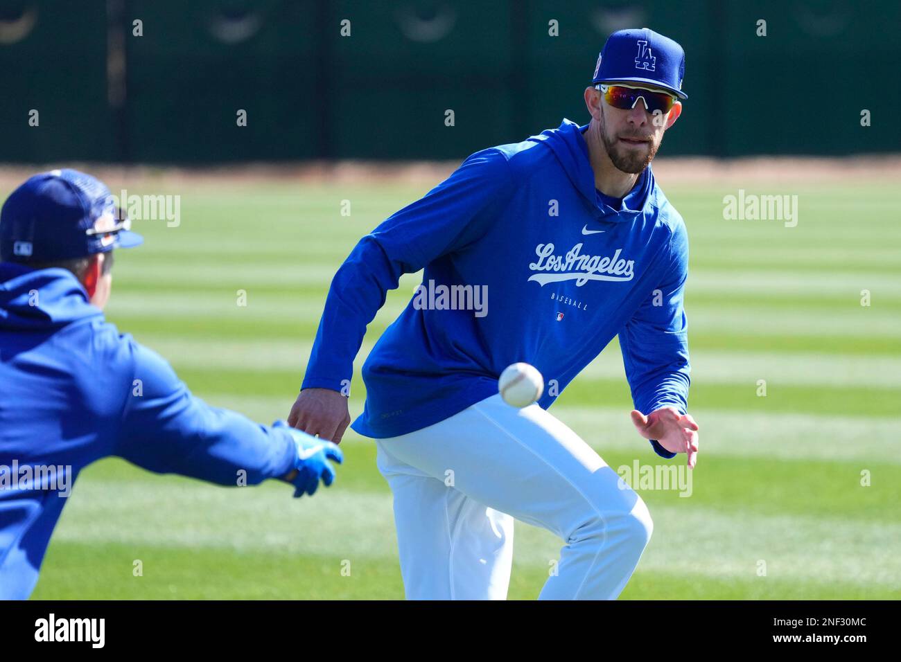 Los Angeles Dodgers outfielder Bradley Zimmer reaches out for the