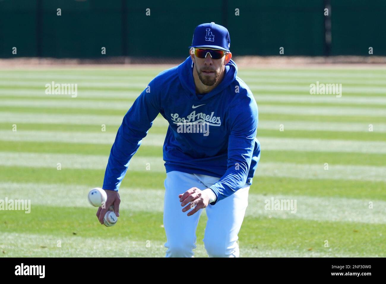 Los Angeles Dodgers outfielder Bradley Zimmer reaches out for the