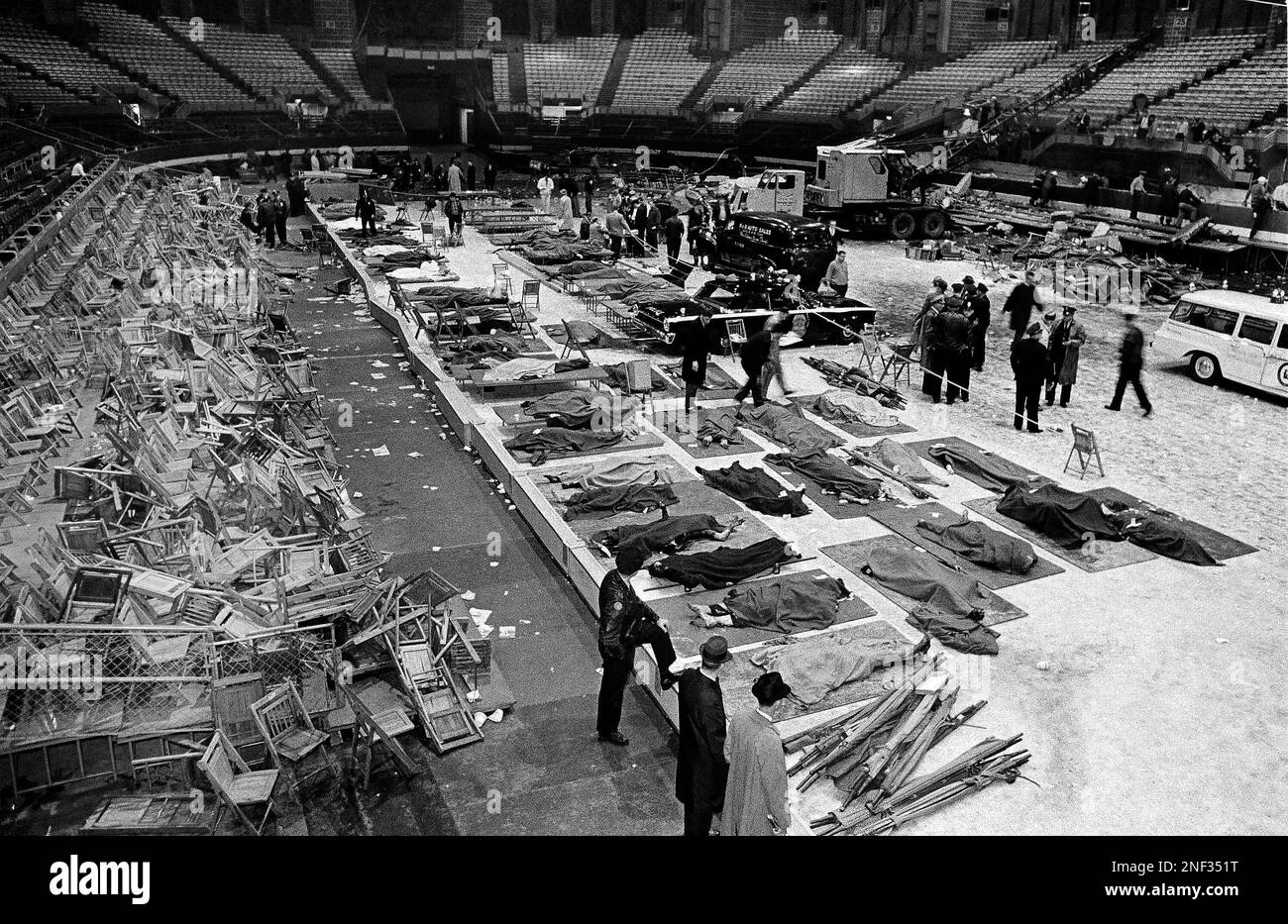 Bodies of Victims are covered on the ice following explosion that