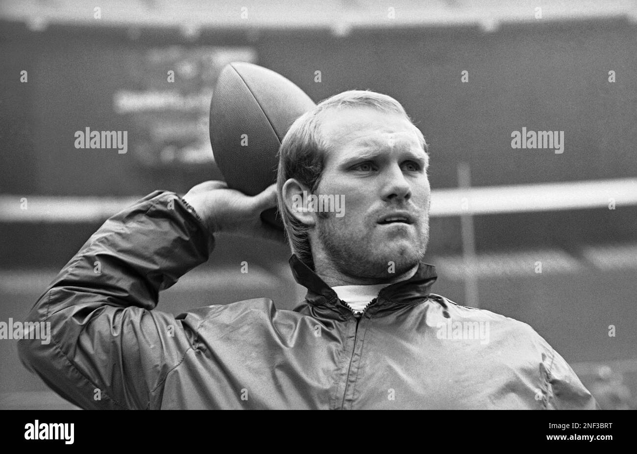 Steelers reserve quarterback Terry Bradshaw, sporting an early beard, warms  up his throwing arm on the sideline prior to entering 17-0 loss to the  Oakland Raiders in Pittsburgh, Sept. 29, 1974. Bradshaw