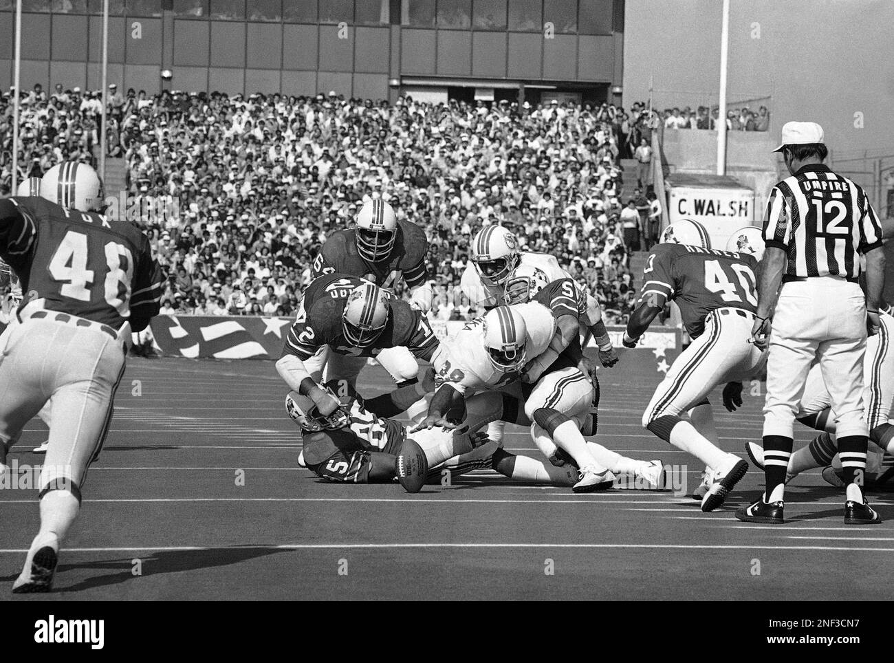 Miami Dolphins Larry Csonka fumbles as he hits the New