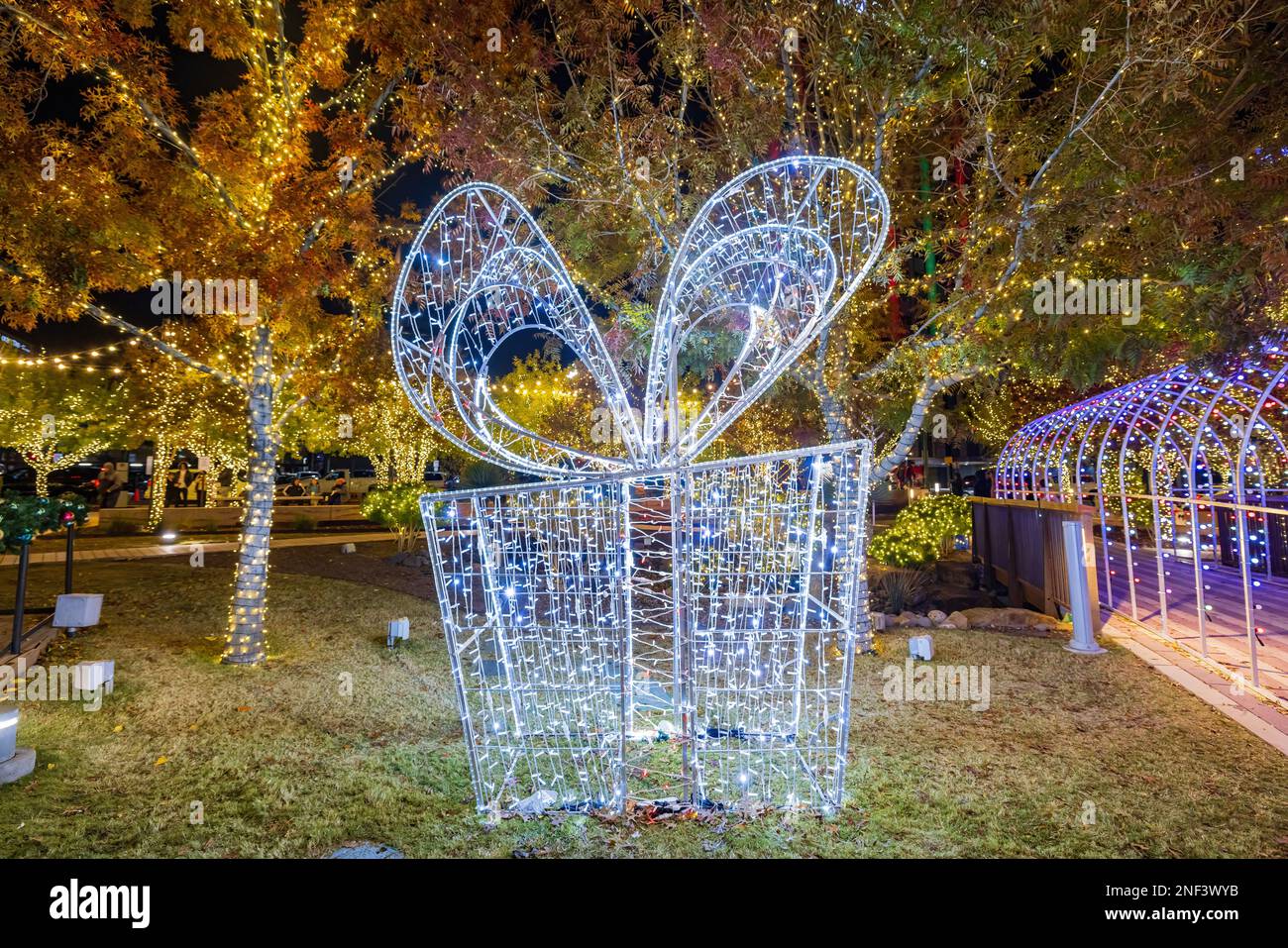 Night view of the San Jacinto Plaza with Christmas decoration at Texas Stock Photo