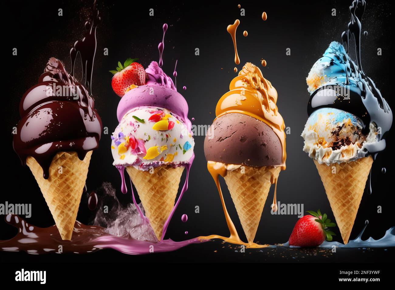 Row of several ice cream scoops and cones against black background . AI