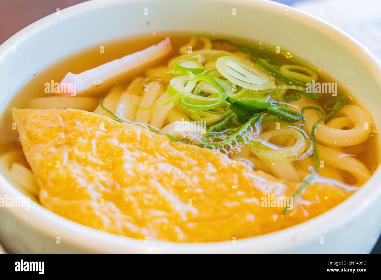 Close up shot of Bean Curd Udon noodles in Haneda Airport, Tokyo, Japan