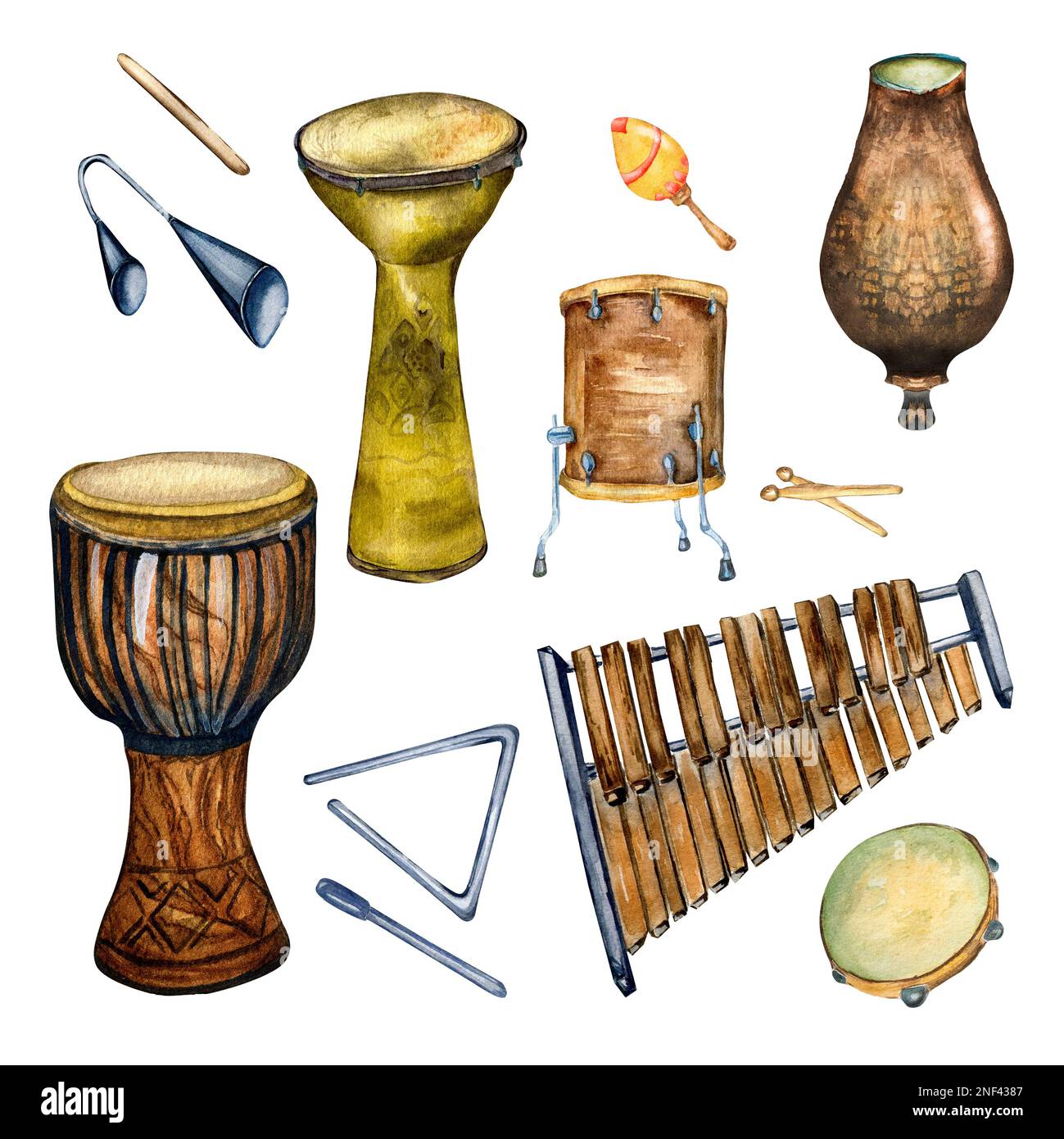 Set of variouse percussion musical instruments watercolor illustration isolated. Djembe, congo, drum, xylophone, agogo hand drawn. Design element for Stock Photo