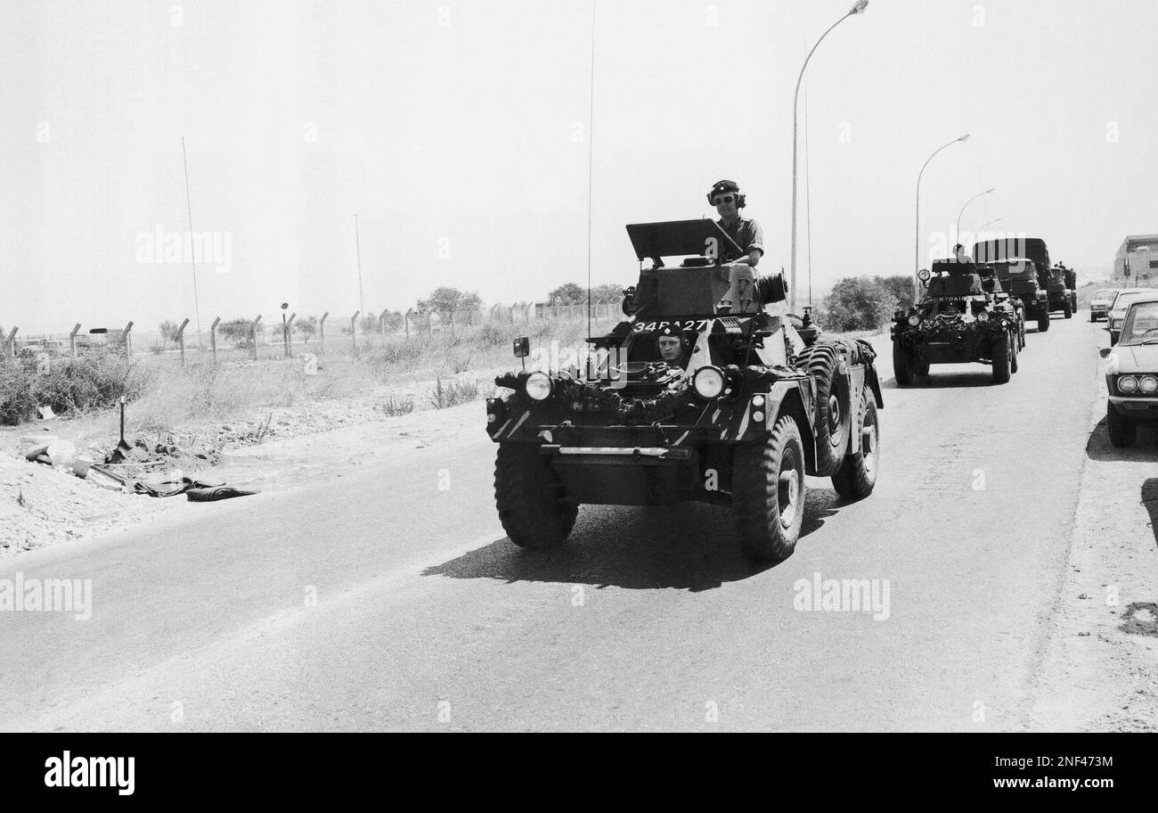 British troops, ferret cars and Saracen light tanks arriving at Nicosia