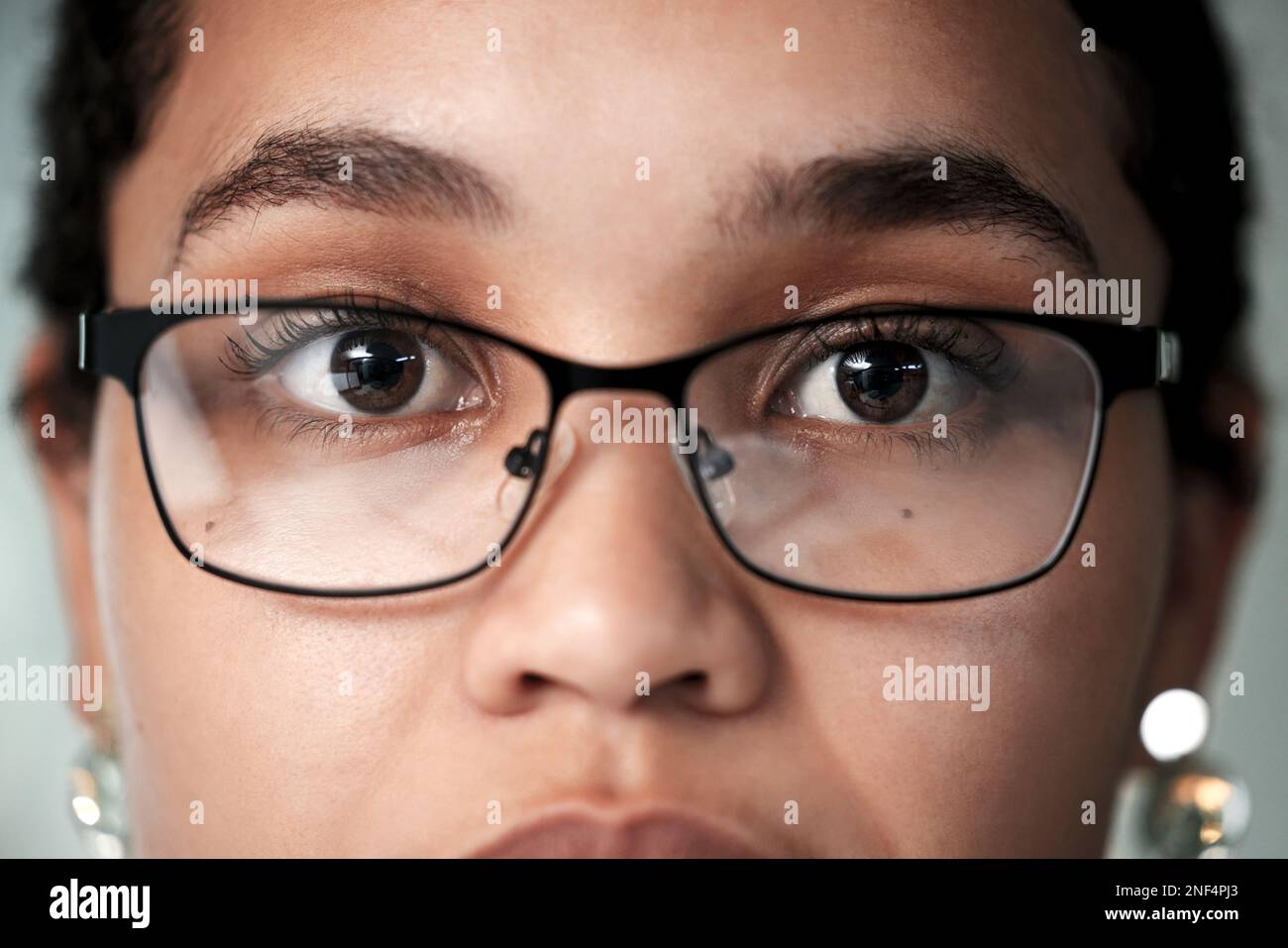 Black woman portrait, eye vision and glasses of a young person eyes at health consultation. Lens, frame and eyeglasses at a retail store for eyewear Stock Photo