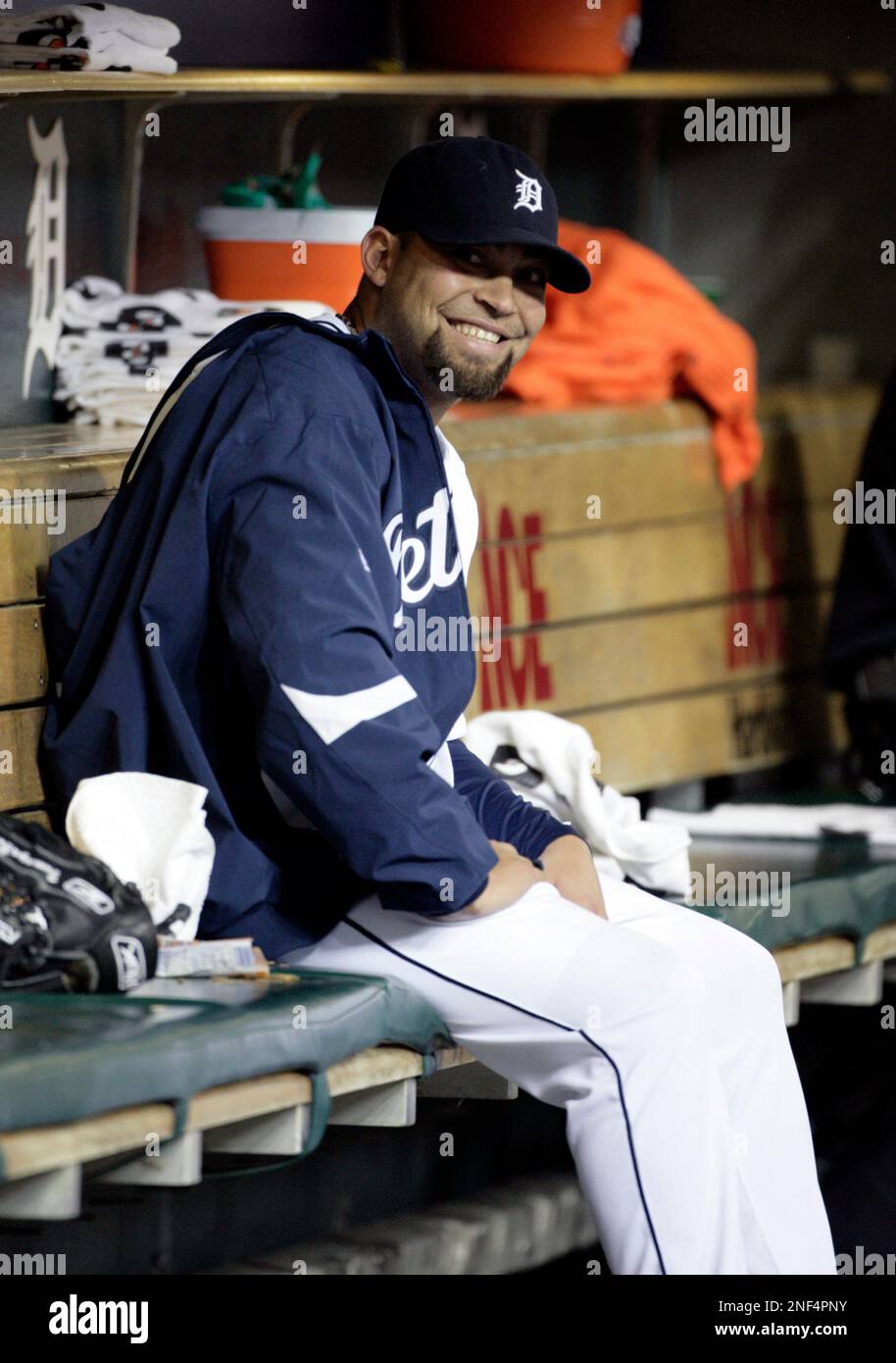 Detroit Tigers' Joel Zumaya smiles in the dugout after pitching the sixth  inning against the New York Yankees in a baseball game Wednesday, April 29,  2009 in Detroit. (AP Photo/Duane Burleson Stock