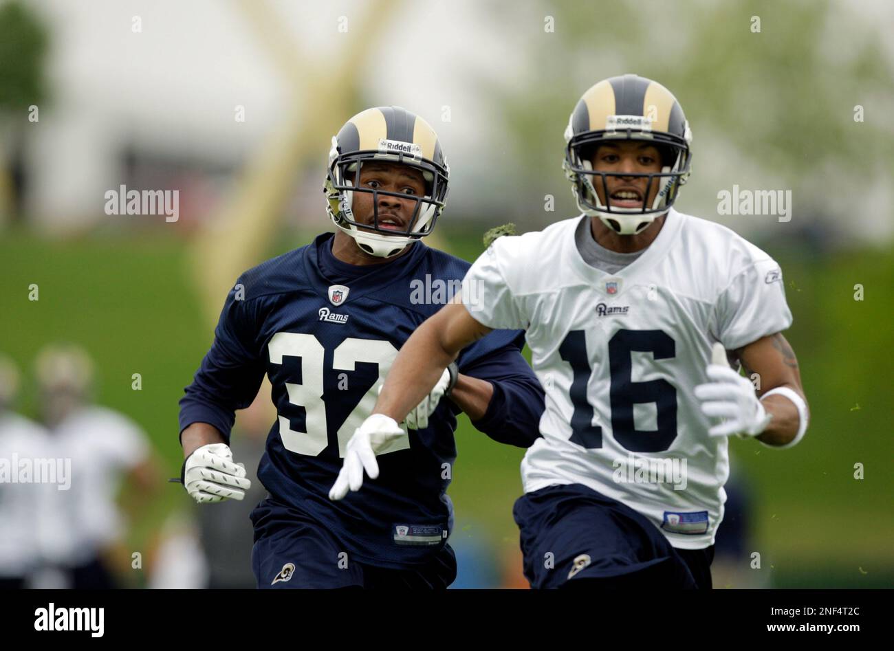 St. Louis Rams rookie cornerback Bradley Fletcher, left, tries to catch up  with Rams wide receiver Travis Brown during NFL football minicamp at the  Rams' training facility Friday, May 1, 2009, in