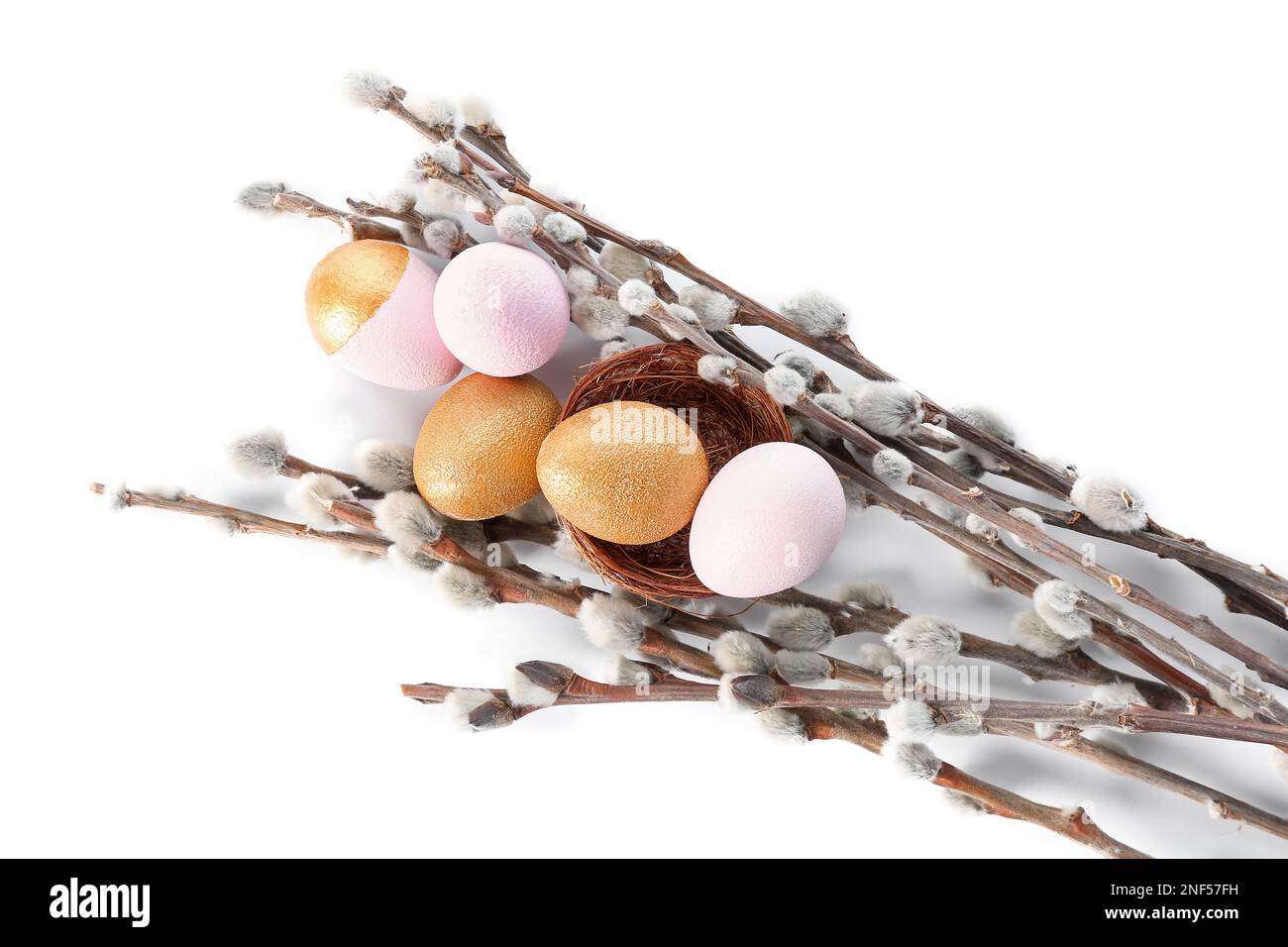 Beautiful Easter eggs and willow branches on white background Stock ...