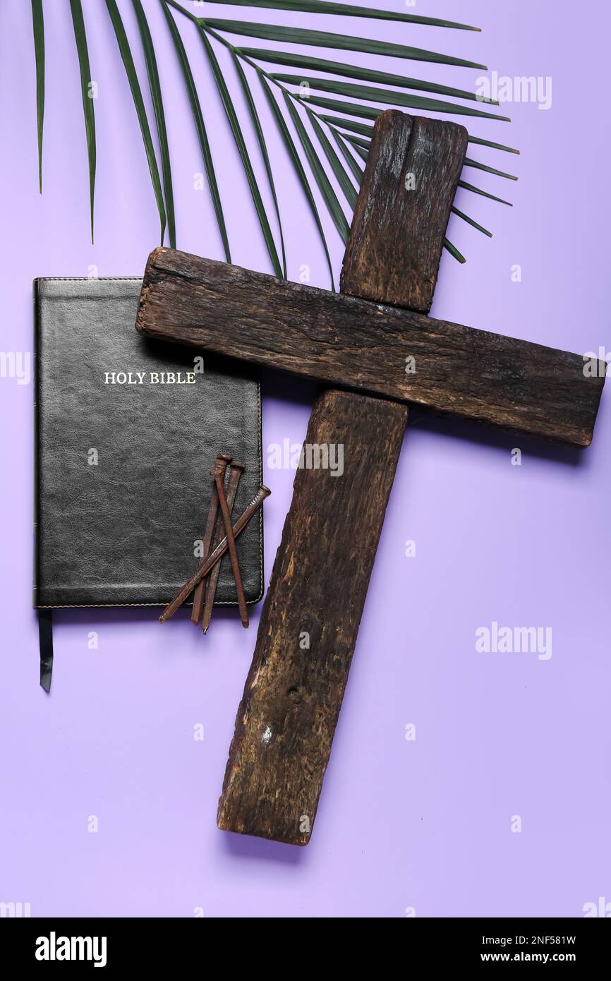 Wooden cross with nails, Holy Bible and palm leaf on lilac background