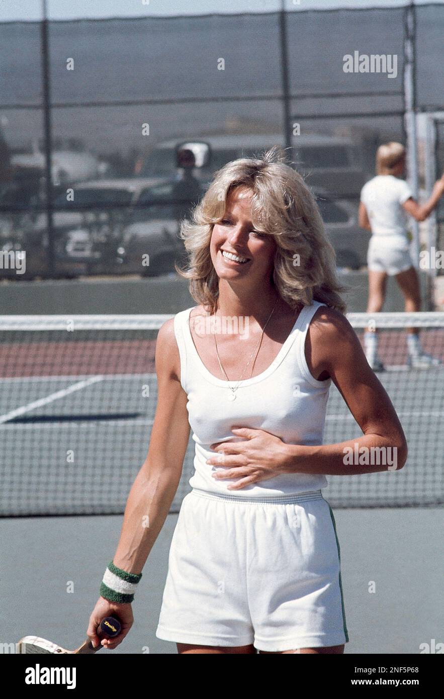 Actress Farrah Fawcett-Majors, shown on tennis court, in Los Angeles in May 1977. (AP Photo