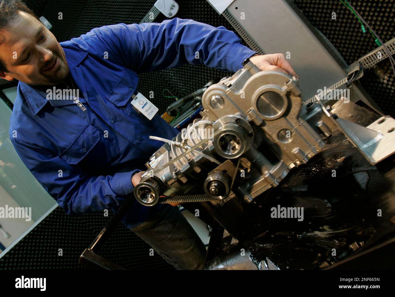 A compressed air engine for compressed air car "AirPod" of MDI (Motor  Development International), is seen at the MDI head offiice in Carros, near  Nice, southern France, Friday, Jan. 30, 2009. (AP