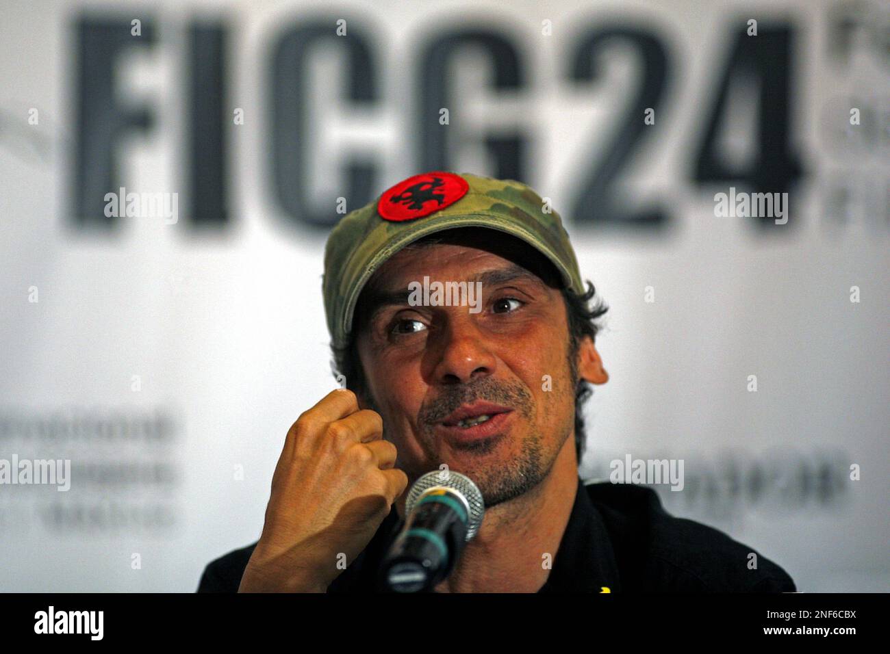 French-born performer and political activist, Manu Chao talks during a