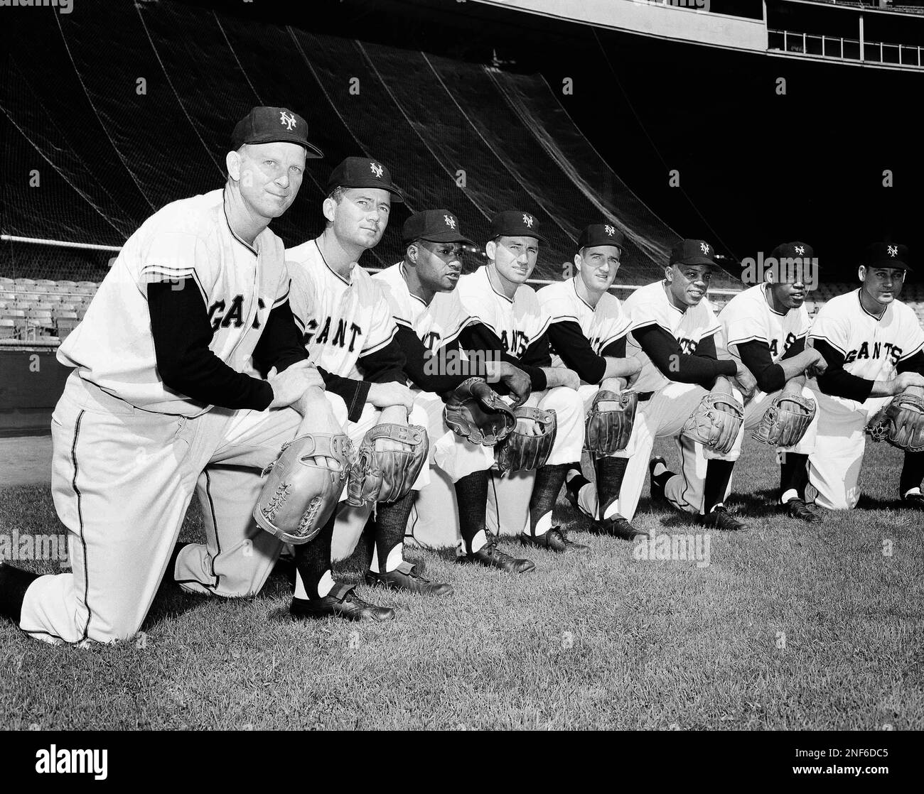 This is the lineup of New York Giants for the first World Series game  against Cleveland Indians scheduled for September 29, 1954 as they posed  during workout at Polo Grounds in New