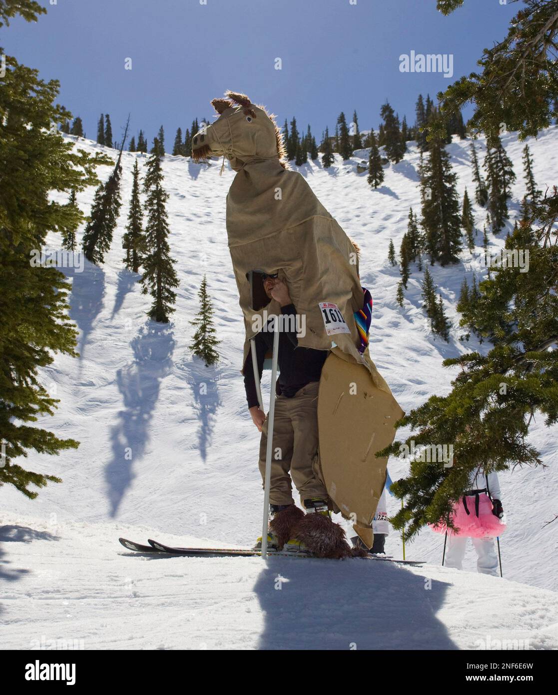 A competitor dressed up as a horse with skis at the 35th annual, Al