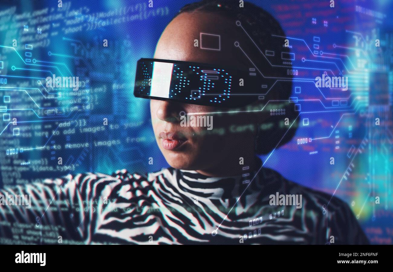 Metaverse, woman and augmented reality glasses with overlay for digital ...