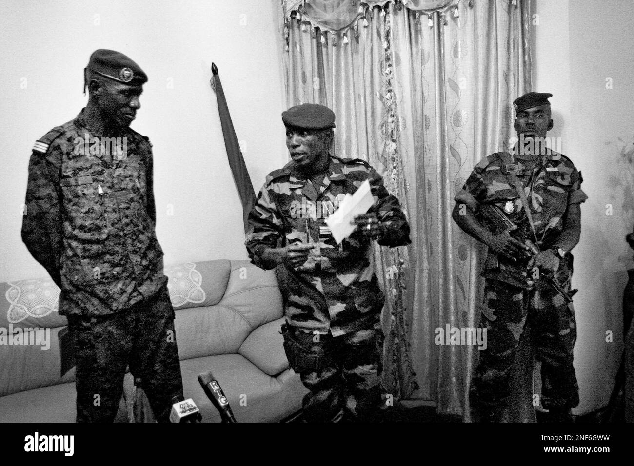 Guinea Conakry military junta leader Capt. Moussa "Dadis" Camara screams in  a waiting room adjacent to his bedroom at a military camp in Conakry Monday  March 9, 2009. It's 9 p.m., and