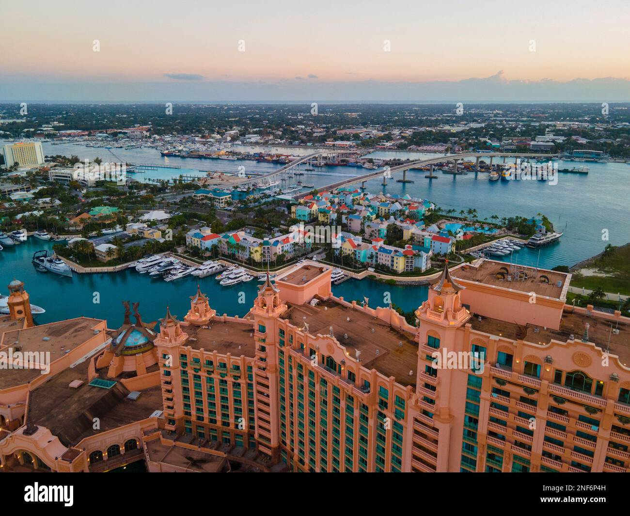 Harborside Villas at sunset aerial view and Paradise Island Bridge at Nassau Harbour, from