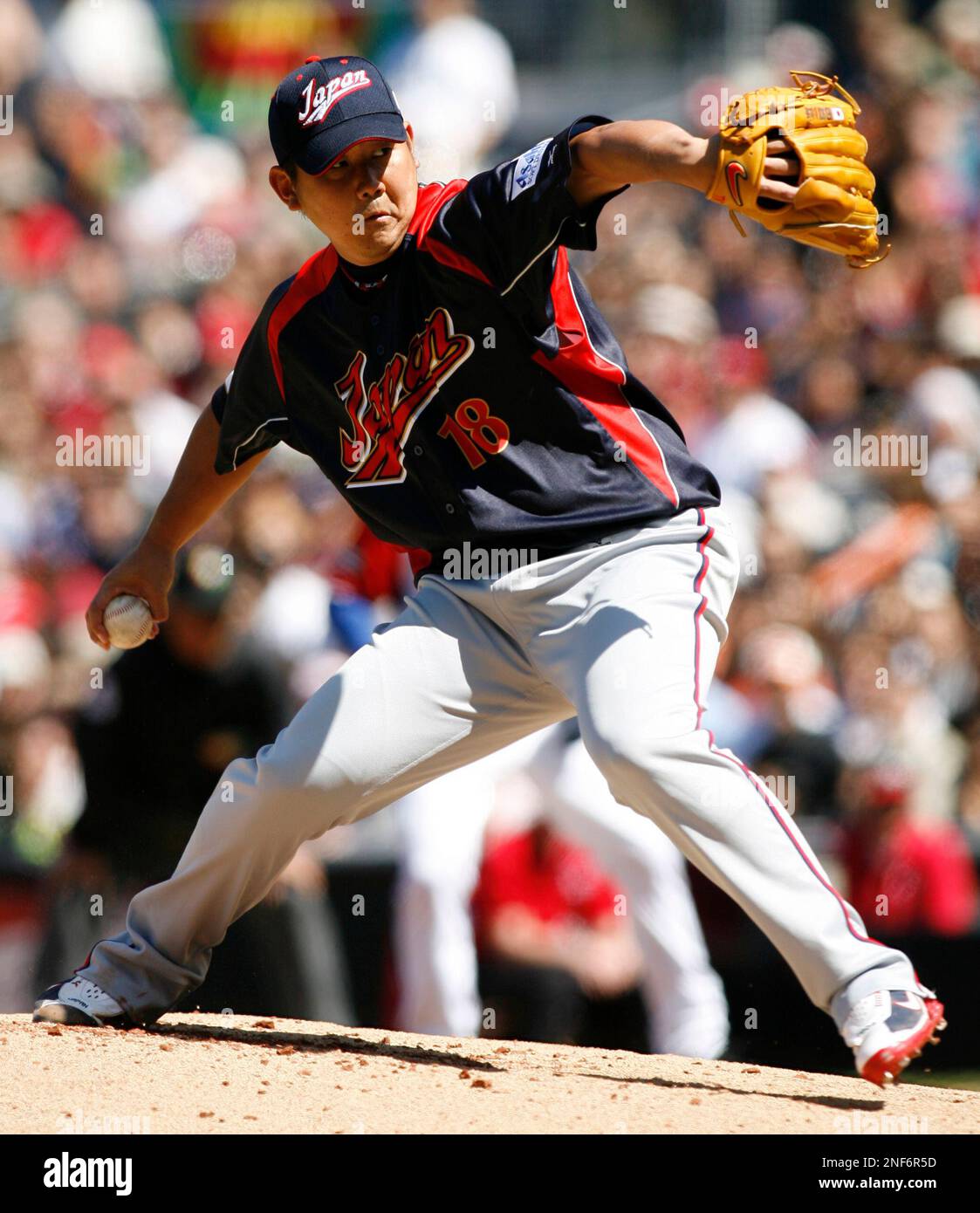 Japan starter Daisuke Matsuzaka pitches in the first inning of his start  against Cuba during their World Baseball Classic game at PETCO Park Sunday,  March 15, 2009,in San Diego. (AP Photo/Denis Poroy
