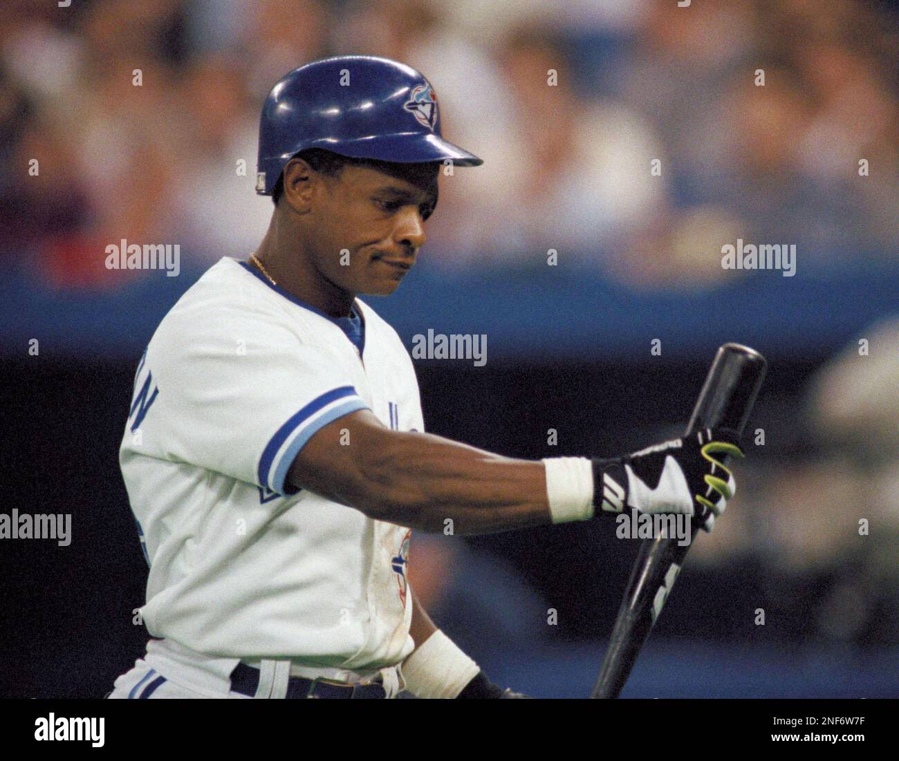 A dejected Toronto Blue Jays' Rickey Henderson reacts after a strikeout in  the fifth inning in Game 3 of the American League Playoffs against the  Chicago White Sox, Friday, Oct. 8, 1993