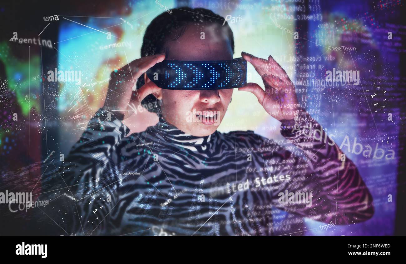 Virtual Transformation Metaverse, overlay and woman with virtual reality glasses for global ...