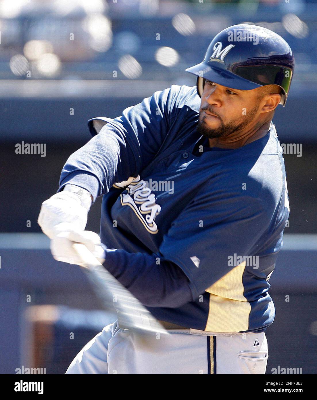 Milwaukee Brewers' Prince Fielder bats during the first inning of a spring  training baseball game Monday, March. 2, 2009 in Peoria, Ariz. The Padres  won the game 4-3. (AP Photo/Charlie Riedel Stock
