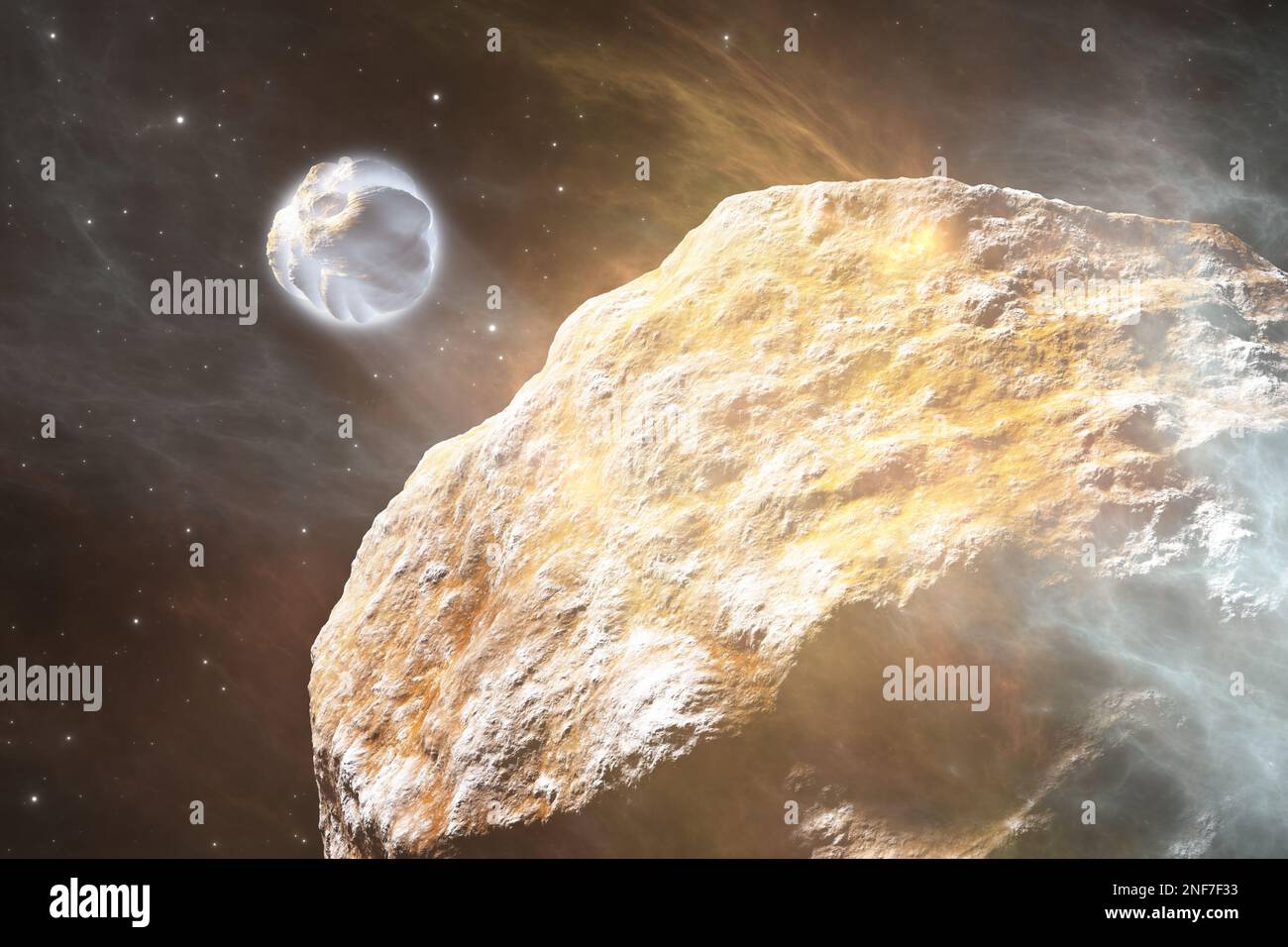 Asteroids near perihelion in the process of ice and frozen carbon dioxide sublimation at the highest subsolar temperatures. 3D illustration Stock Photo