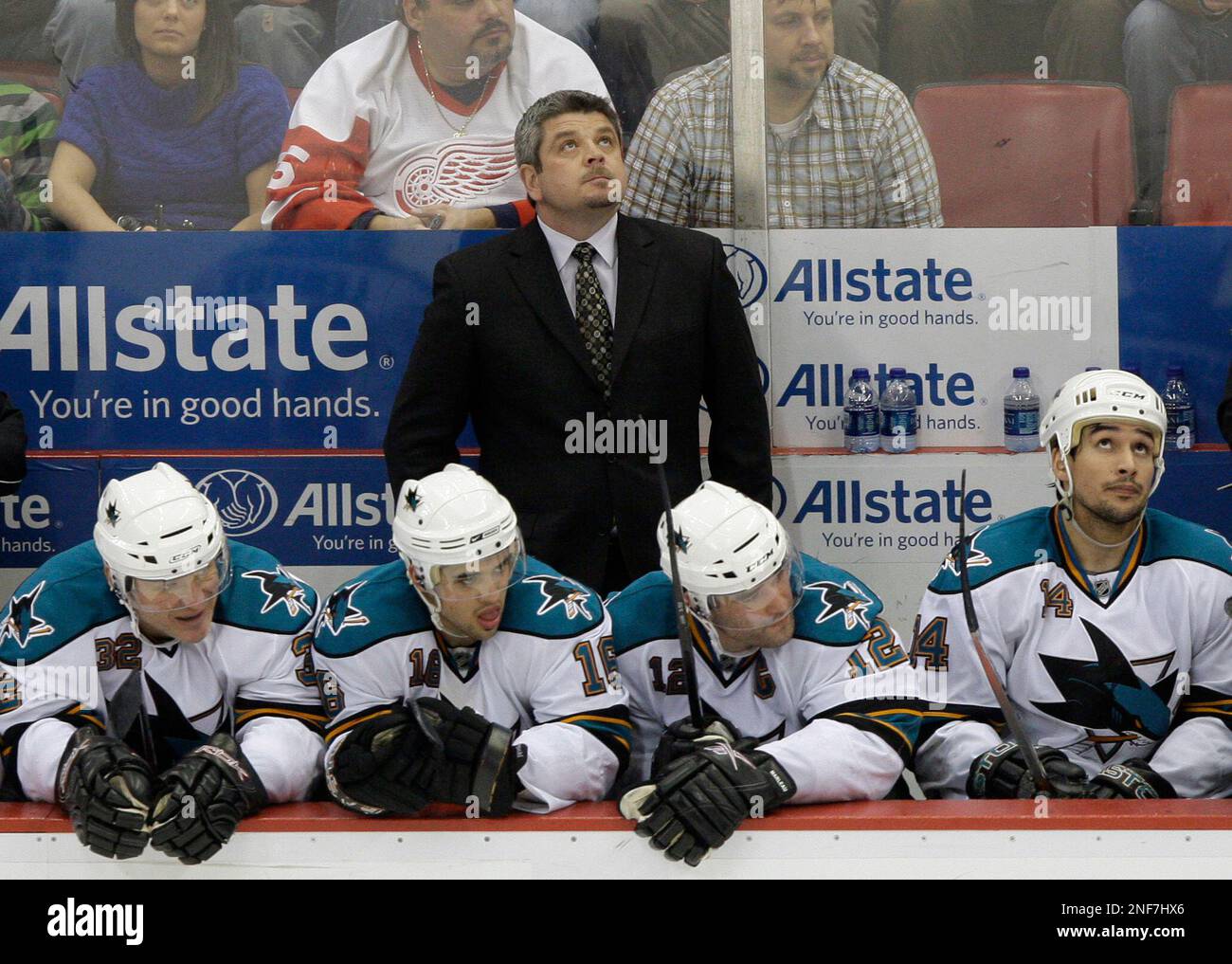 San Jose Sharks head coach Todd McLellan looks to the scoreboard