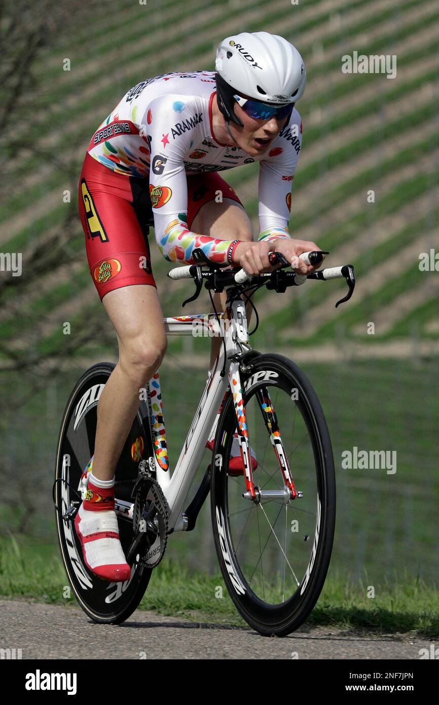 Team Jelly Belly's Will Routley, of Canada, heads down from the halfway  point in Los Olivos, Calif. toward the finish line in Solvang during the  Stage 6 Individual Time Trials of the