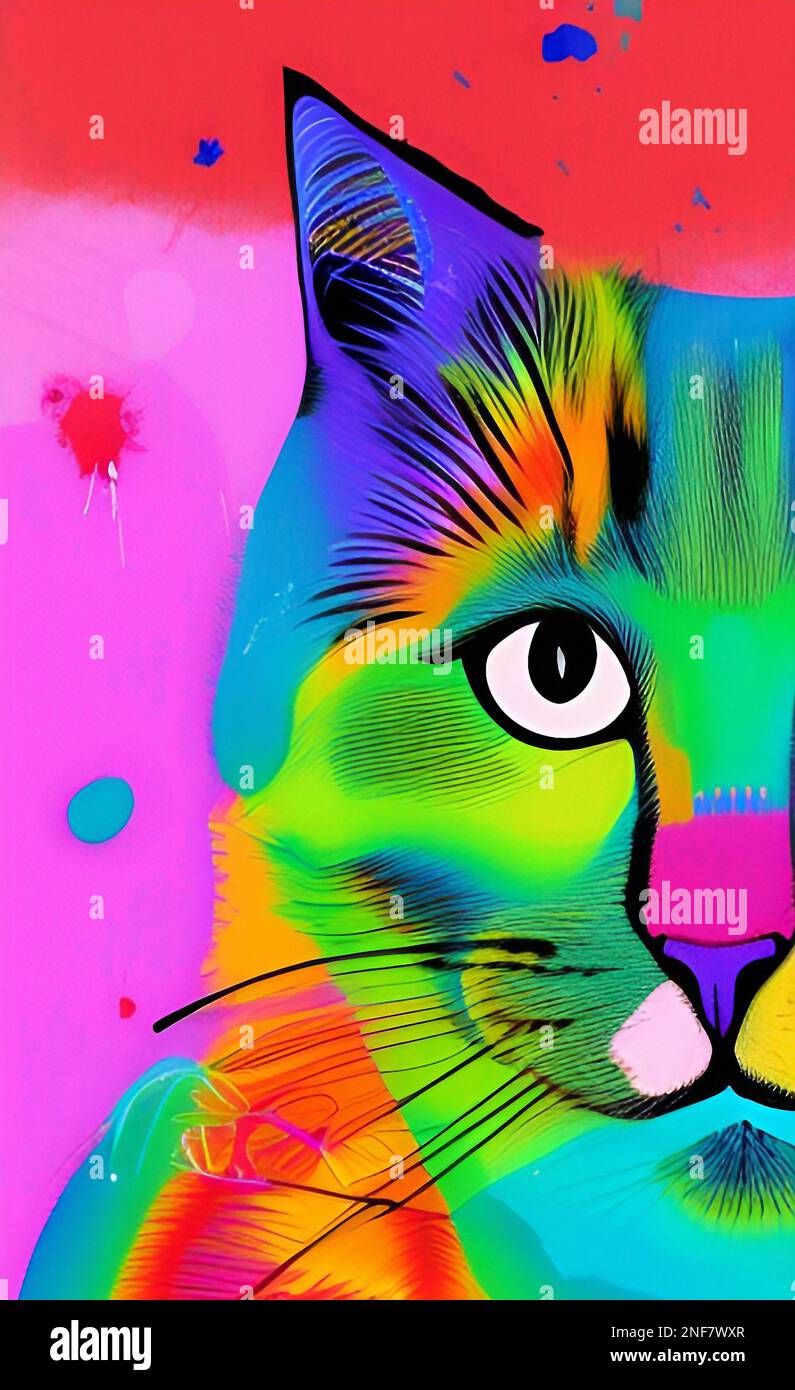 Colorful cat Art, Fine Art Painting, Illustration Mascot Drawing