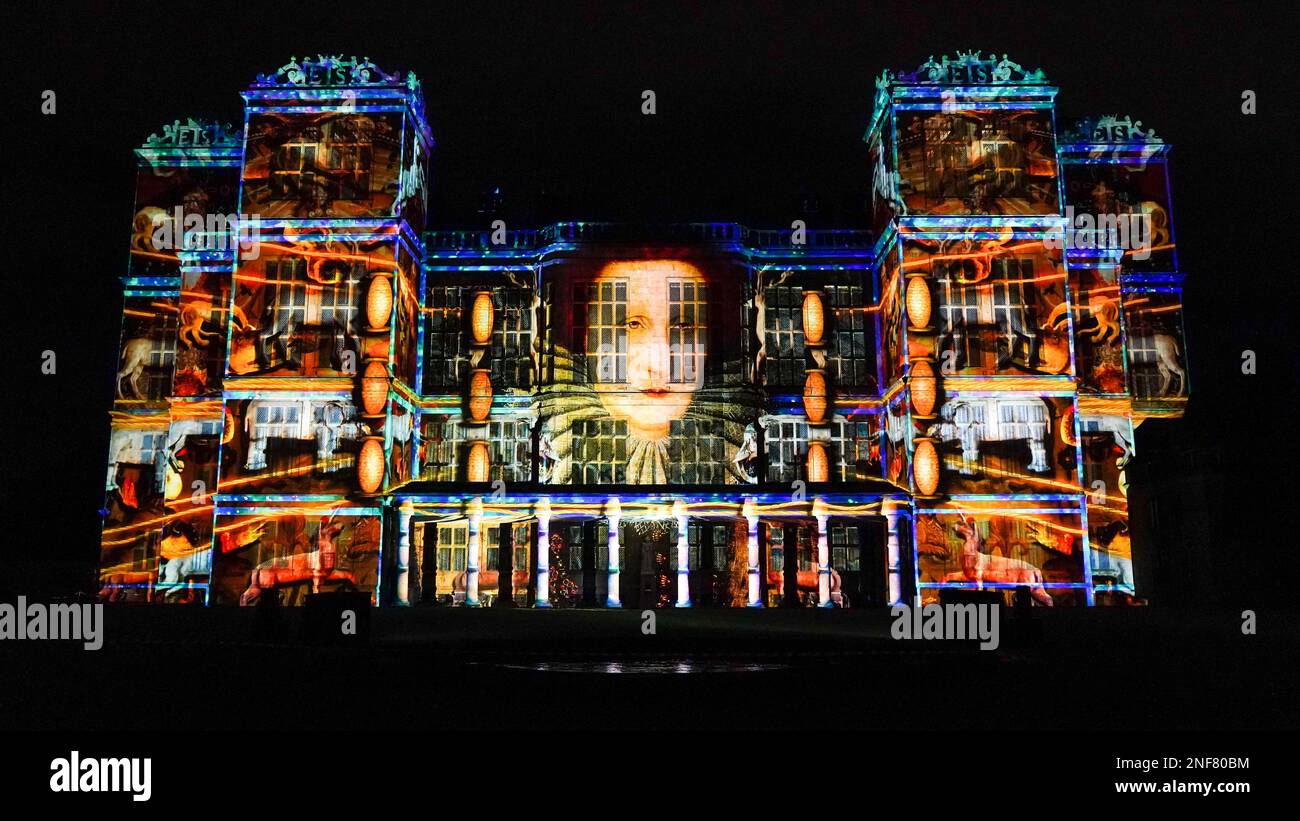 Projections including Bess of Hardwick and Queen Elizabeth I light up the façade of Hardwick Hall, near Chesterfield in Derbyshire, as part of the National Trust's 'Shine A Light' celebration of the county's history and heritage. Picture date: Thursday February 16, 2023. Stock Photo