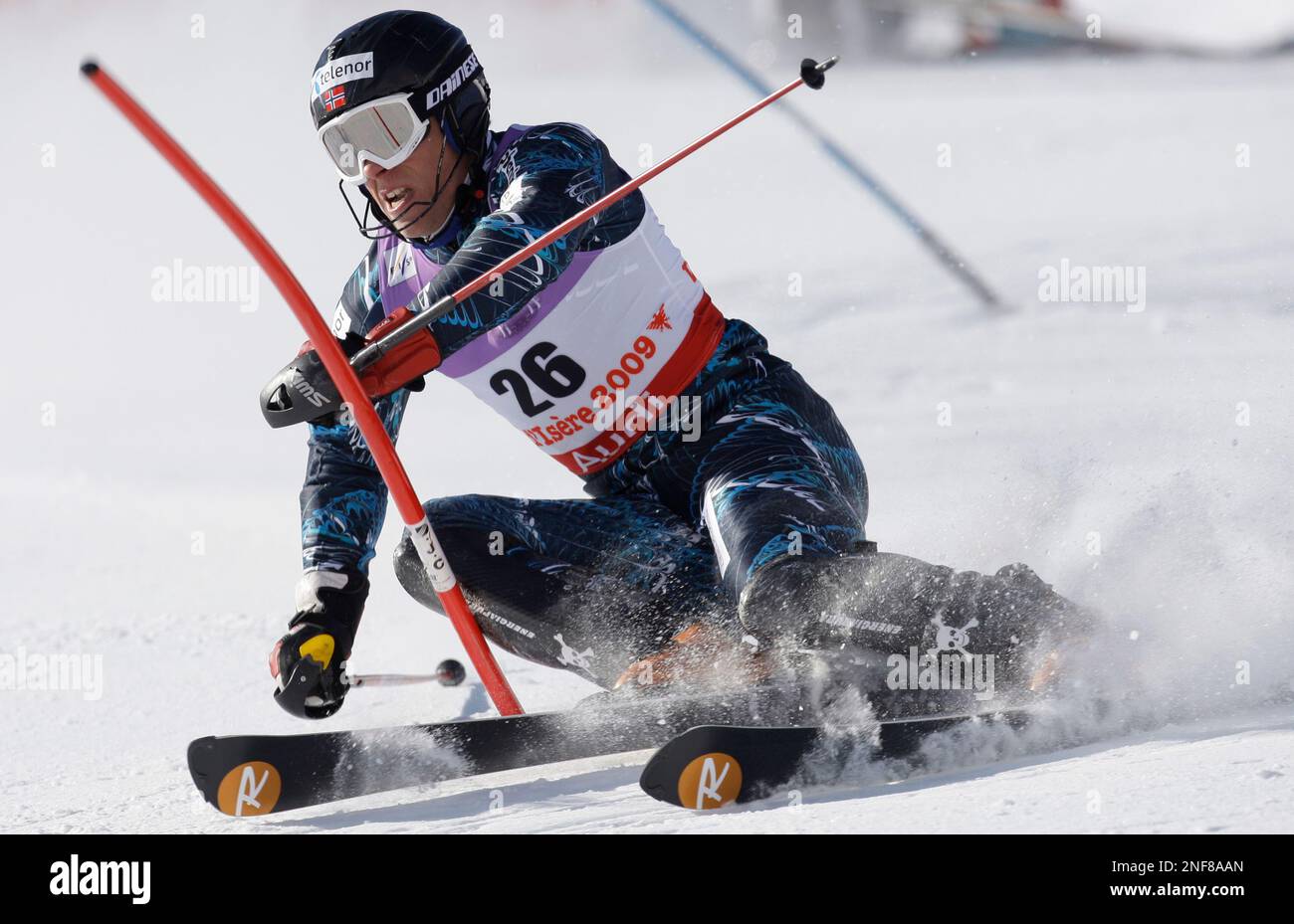 Norway's Lars Elton Myhre clears a gate during the first run of the Men