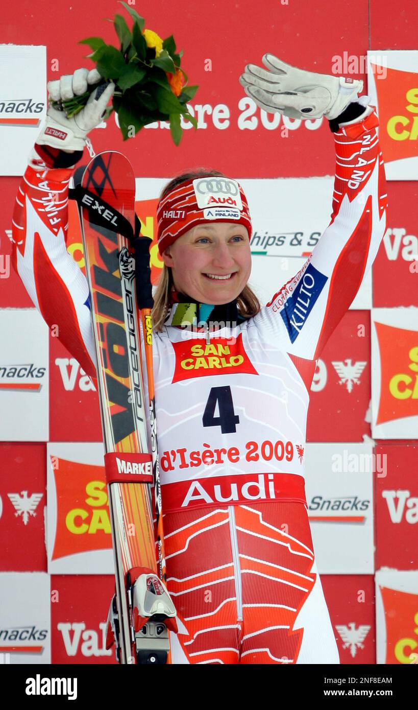 Finalnd&amp;#39;s Tanja Poutiainen celebrates after winning the bronze medal of ...