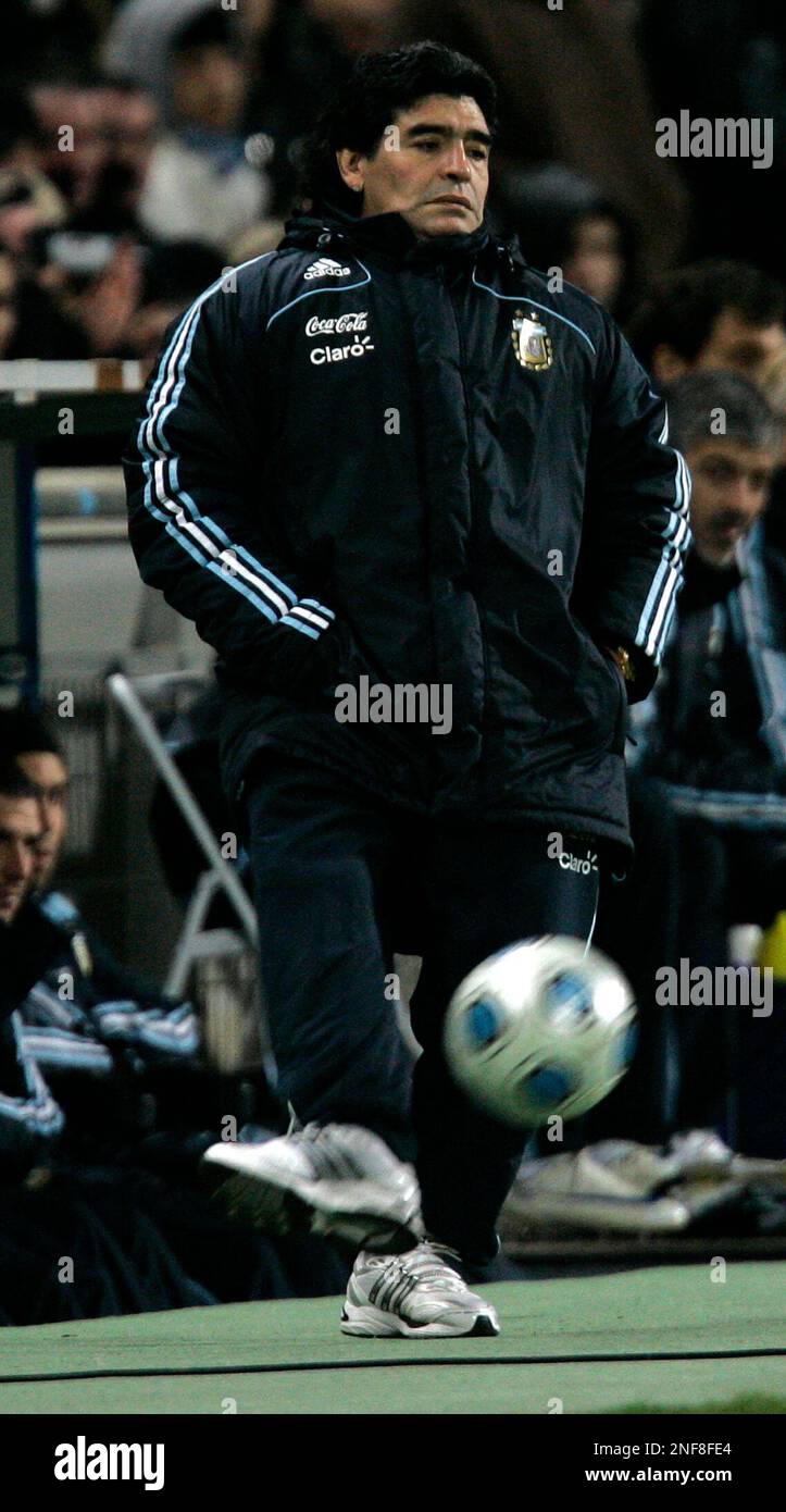 Argentinas national soccer team coach, Diego Maradona is seen during