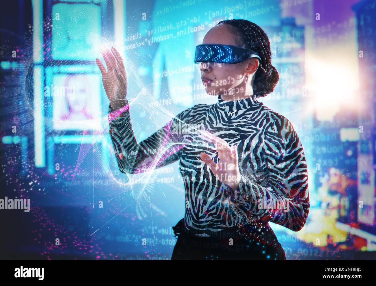 Metaverse, woman and virtual reality glasses with dashboard overlay for