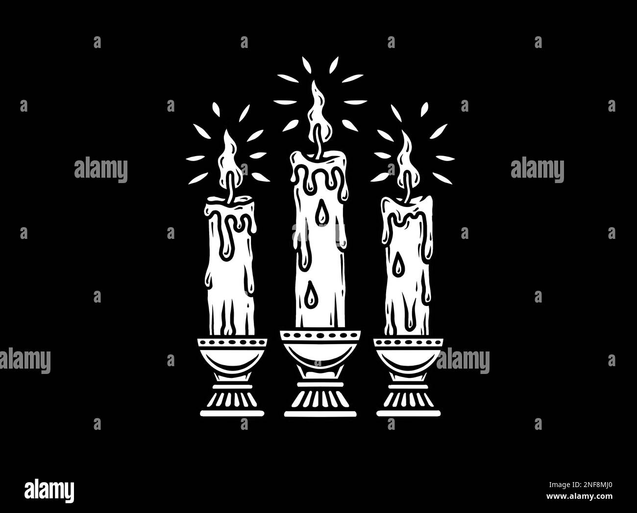 Old school traditional tattoo inspired cool graphic design illustration candles in black and white on black background Stock Photo
