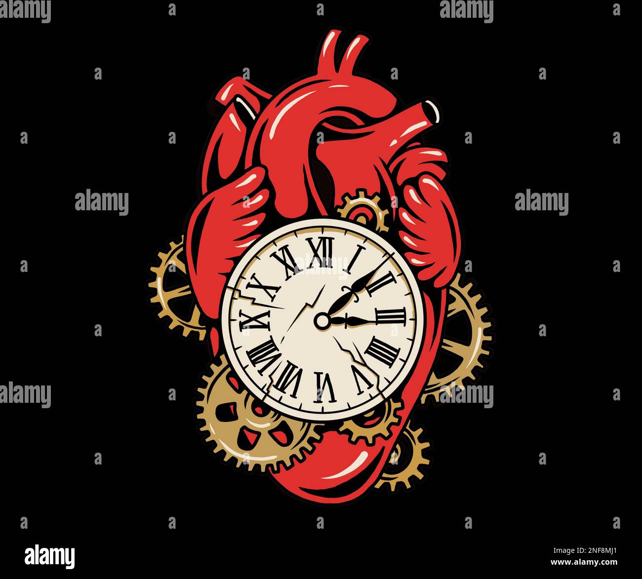 Old school traditional tattoo inspired cool graphic design illustration real heart with cracked clock and gearwheels in color on black background Stock Photo