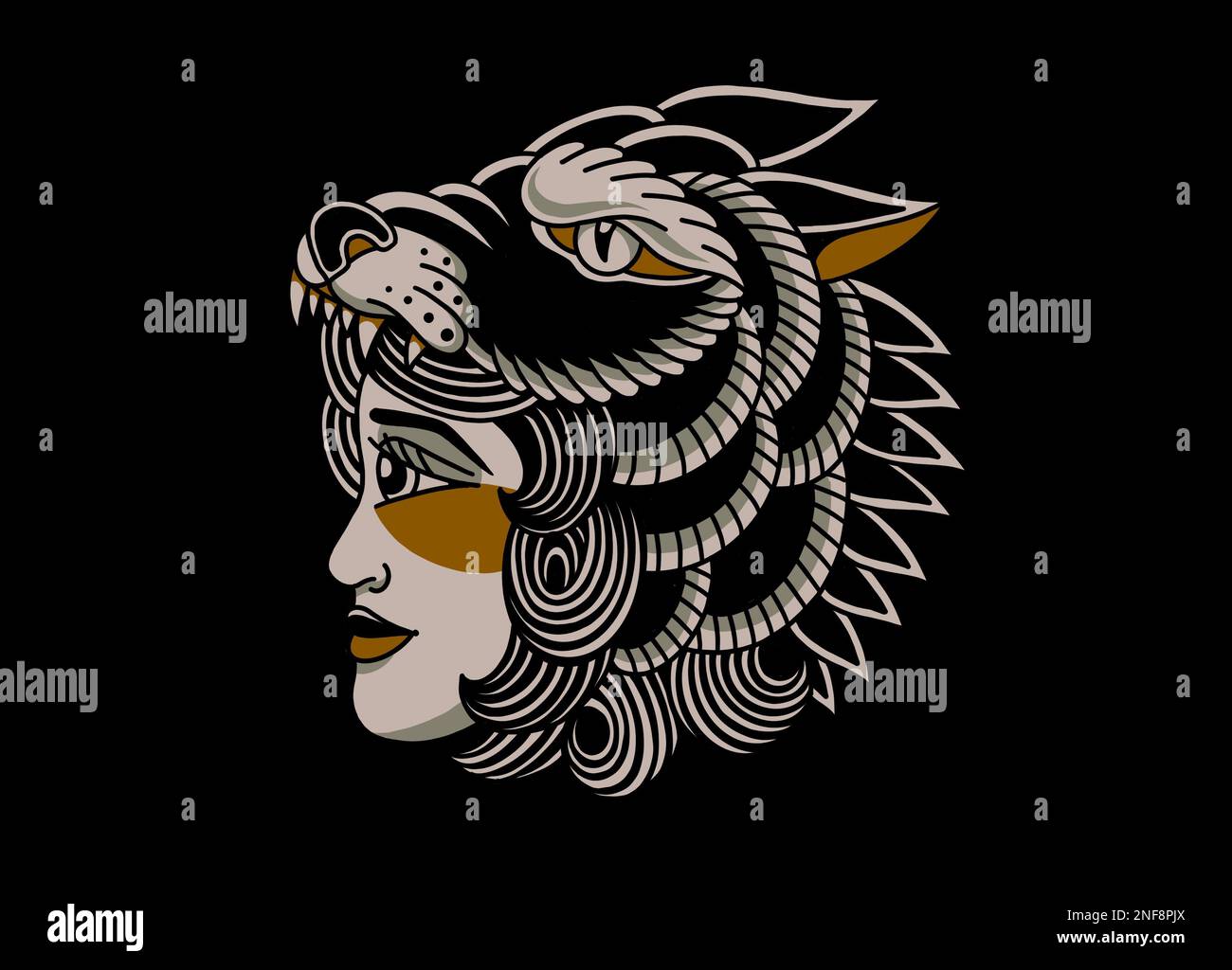 Old school traditional tattoo inspired cool graphic design illustration woman face side view with dead wolf head gear on black background Stock Photo