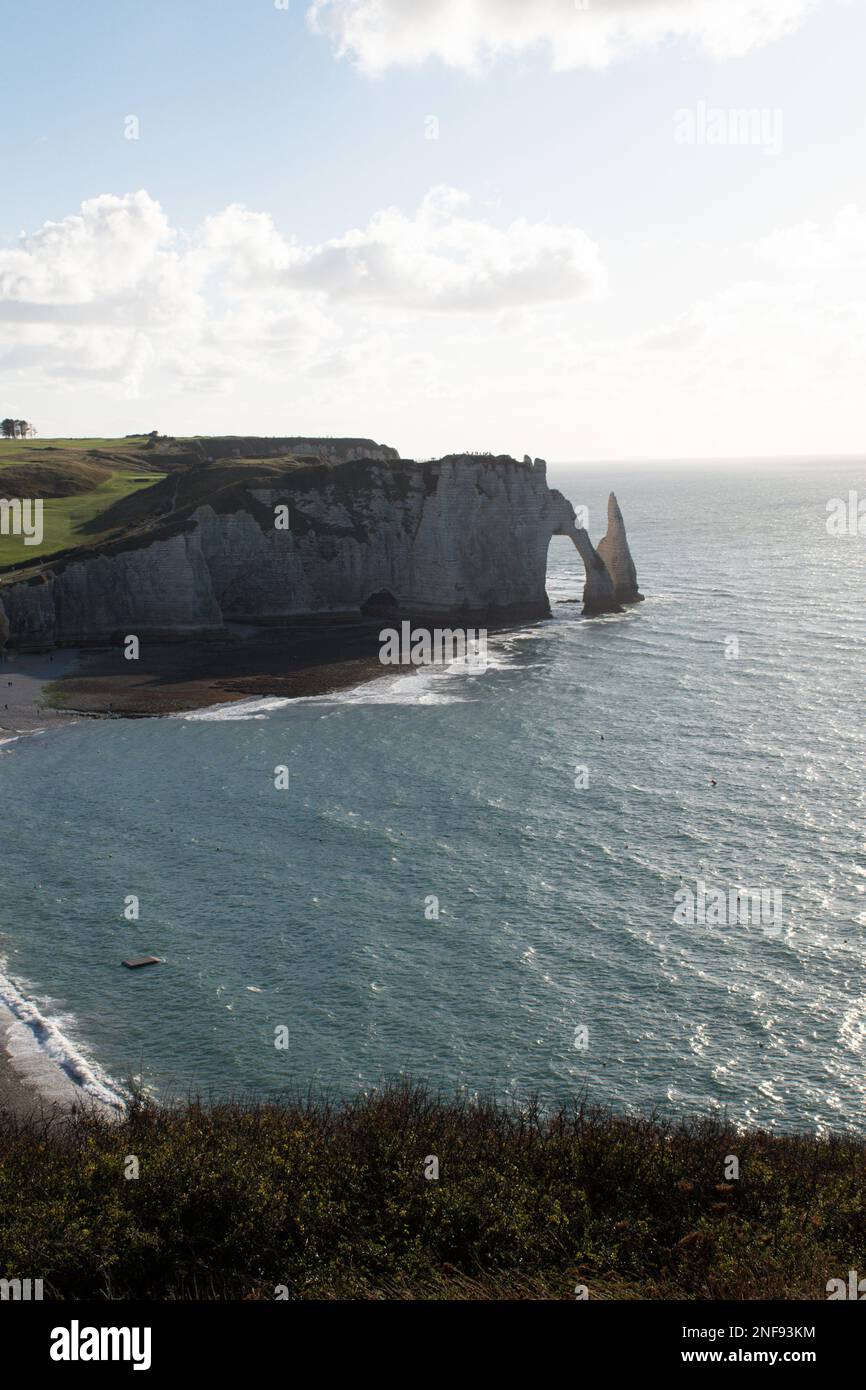 A scenic shot of cliffs along the coastline of Etretat in Normandy ...